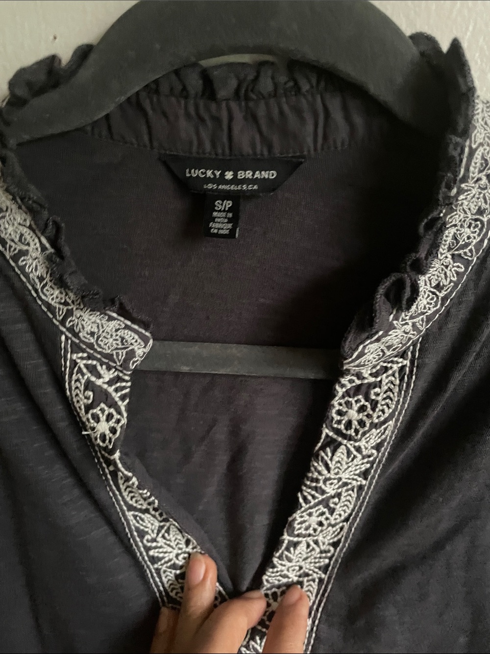 Lucky Brand Black Long-Sleeve Henley with White Embroidered Trim